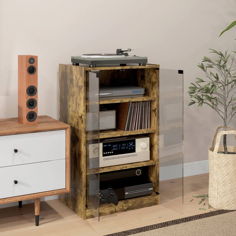 4-Tier Media Cabinet with Adjustable Shelves and Tempered Glass Doors - Brown