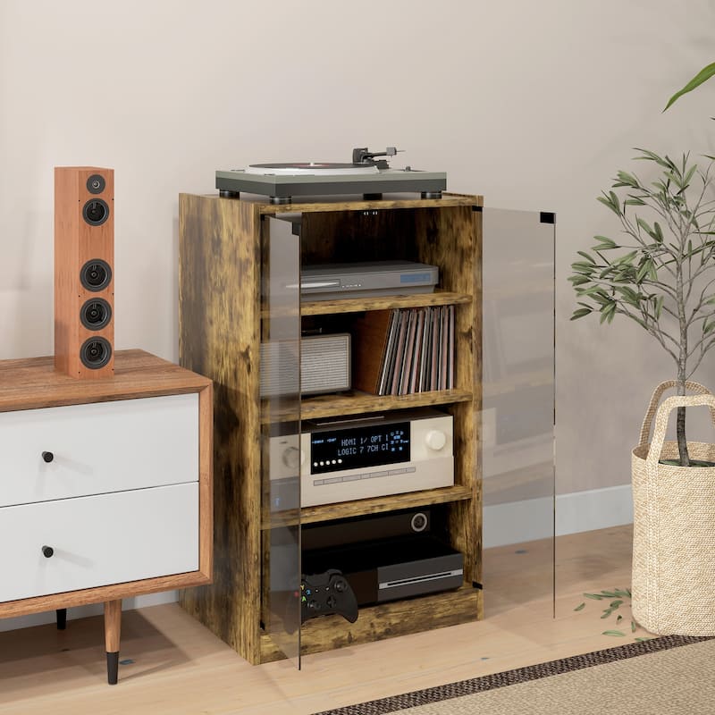 HOMCOM Media Cabinet, 4-Tier Stereo Cabinet, Modern Audio Video Media Stand with Adjustable Shelves, Tempered Glass Doors