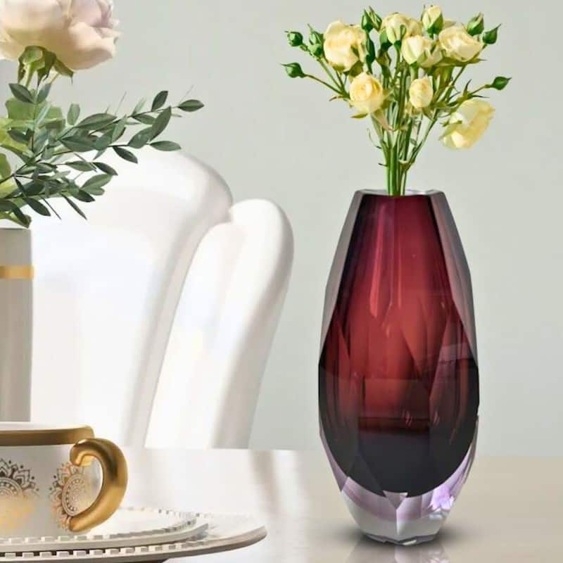 Plum Fancy Cut Glass Vase with Art Deco Inspired Geometric Design