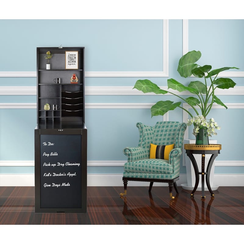 Utopia Alley Collapsible Fold Down Desk Table with Storage Cabinet & Shelves - Wall Mounted Desk Furniture with Chalkboard Wall