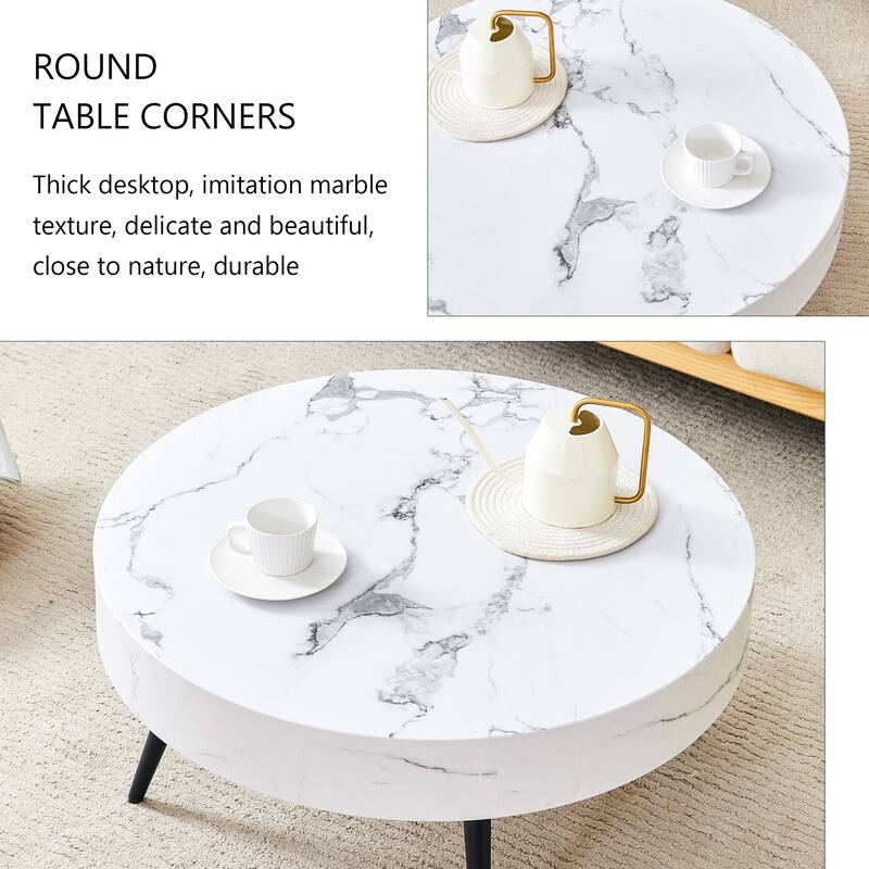 31.5 Inch Round Coffee Table with Adjustable Legs Small End Table with Marble Sticker Top Home Center Table
