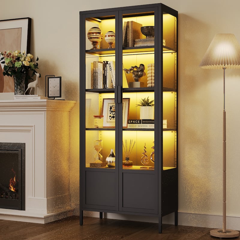 5-Tier Tempered Glass Curio Display Cabinet with Adjustable Shelves and 13 Color Lights - 66.9"H x 27.6"W x 13.8"D - Black