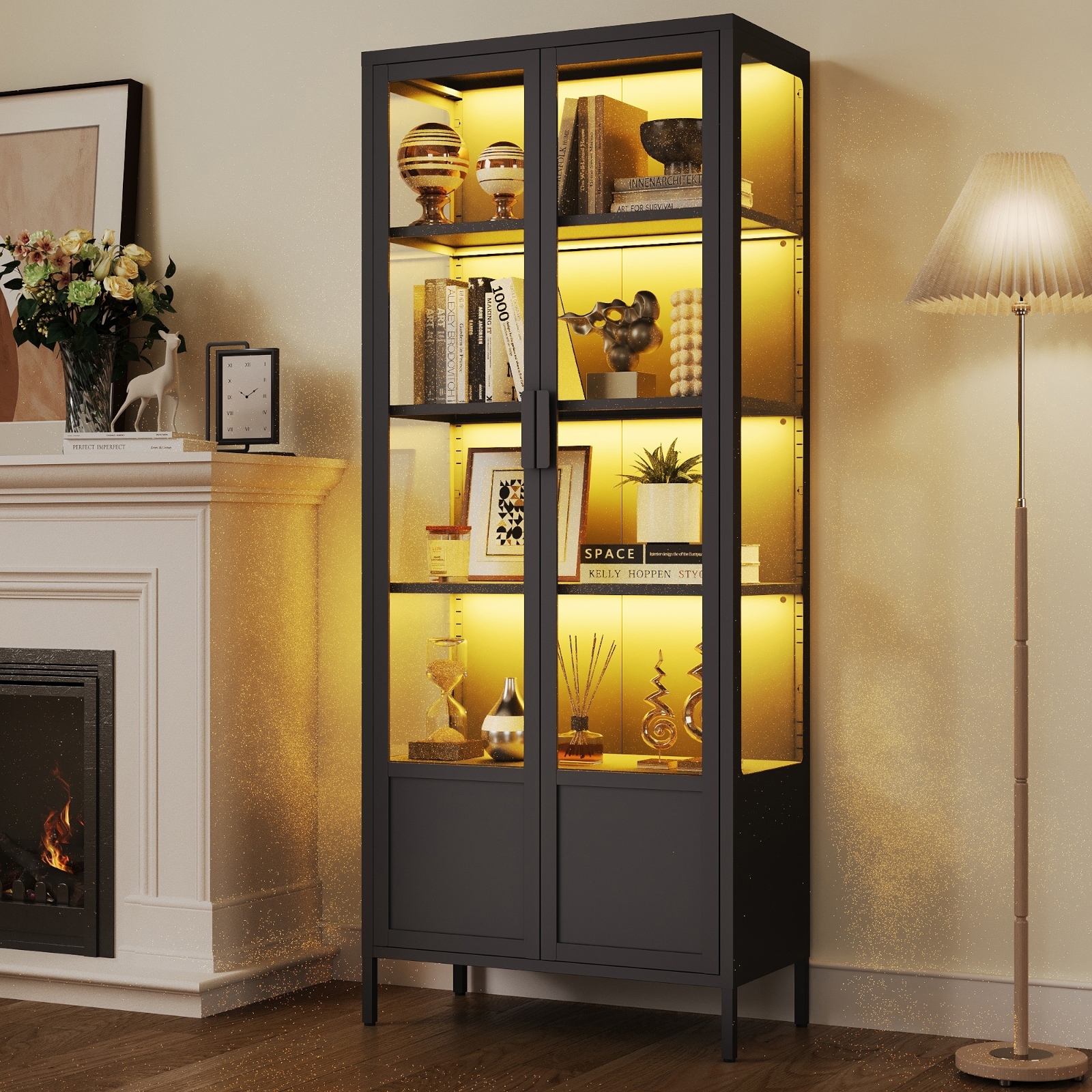 5-Tier Tempered Glass Curio Display Cabinet with Adjustable Shelves and 13 Color Lights - 66.9"H x 27.6"W x 13.8"D