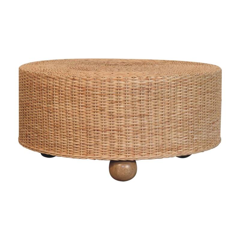 Artisan Furniture Solid Wood Regency Round Woven Coffee Table with Ball Feet, Brown - Wood - Beige