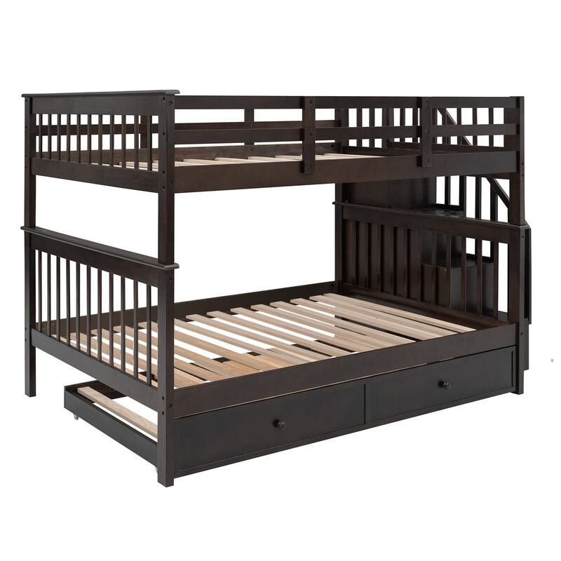 Stairway Full-Over-Full Bunk Bed with Twin size Trundle, Storage and Guard Rail for Bedroom, Dorm