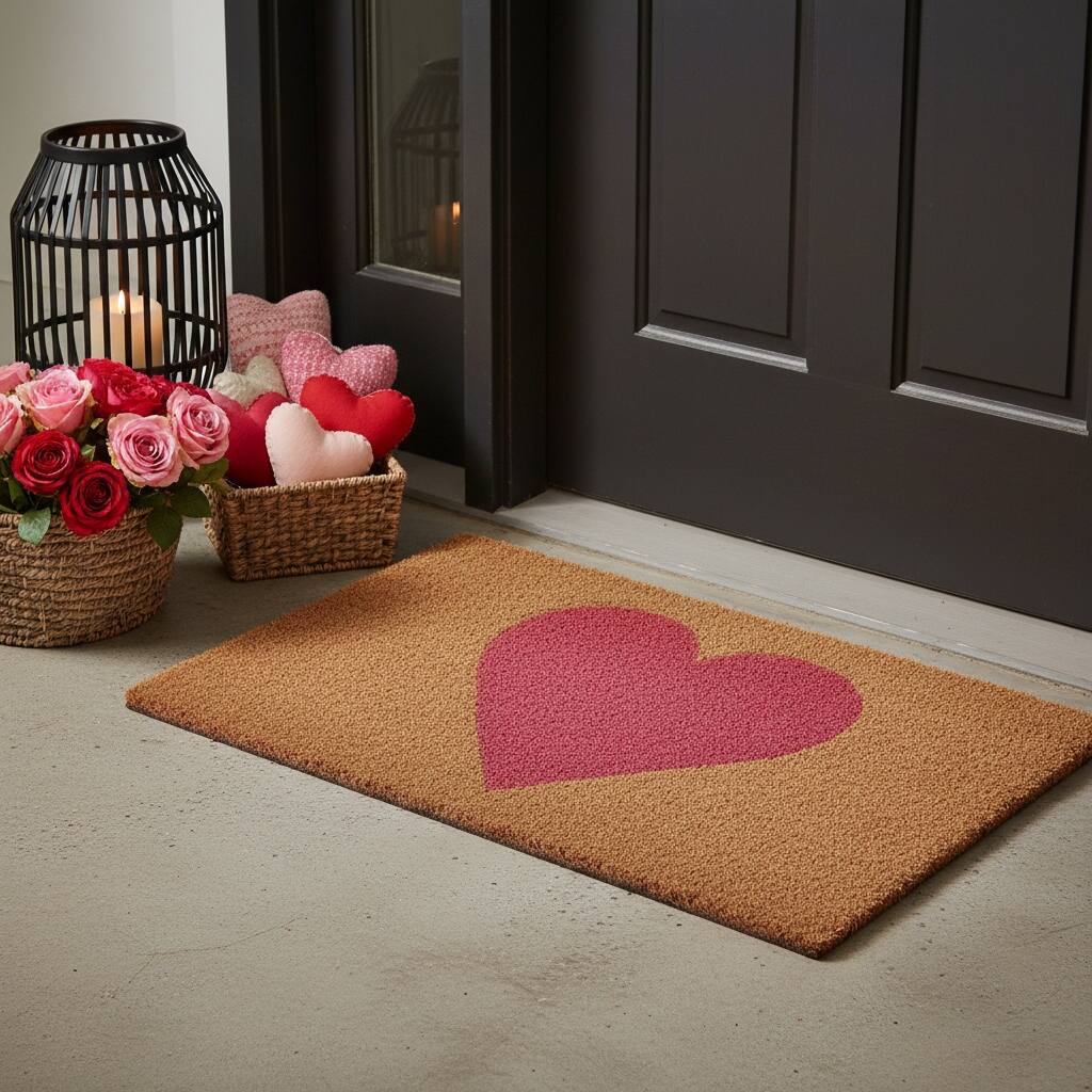 HomeRoots 24" X 36" Brown And Pink Heart Outdoor Coir Door Mat - 24.00' X '36.00