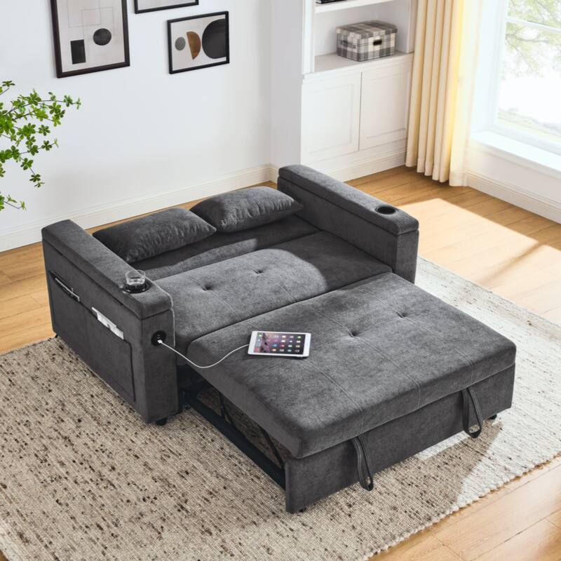 54" Pull-Out Sleeper Sofa Bed Double Seat Recliner Sofa Bed with Armrests with Storage and Side Pockets,with USB Power Outlet