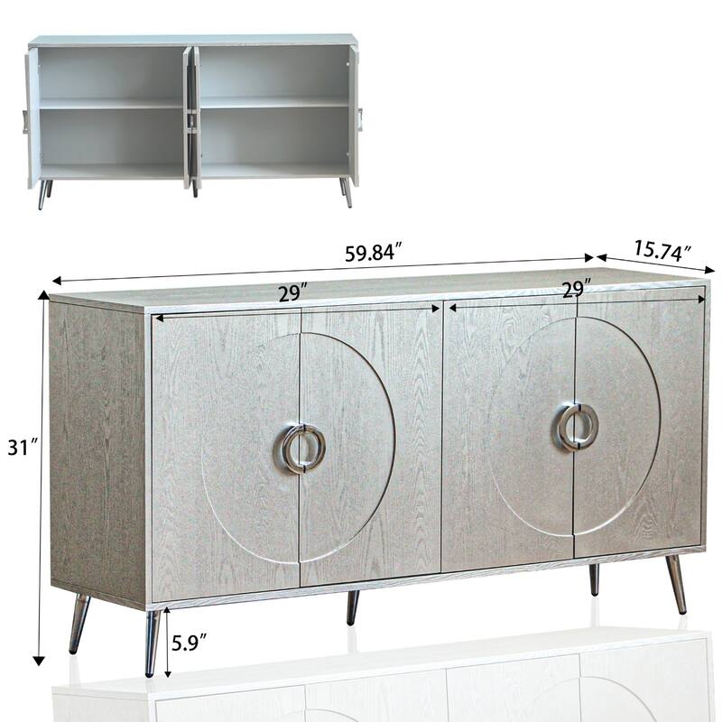 59.84" Champagne Silver Lacquered 4 Door Wooden Cabinet - 59.84 inches L x 15.74 inches W x 31 inches H