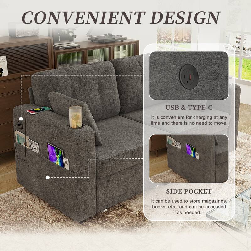 67.76" Chenille 3-Seater Sofa with USB Ports and Storage