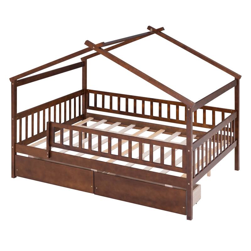 Space-Saving Full Size House Daybed with Storage Drawers and Roof Design