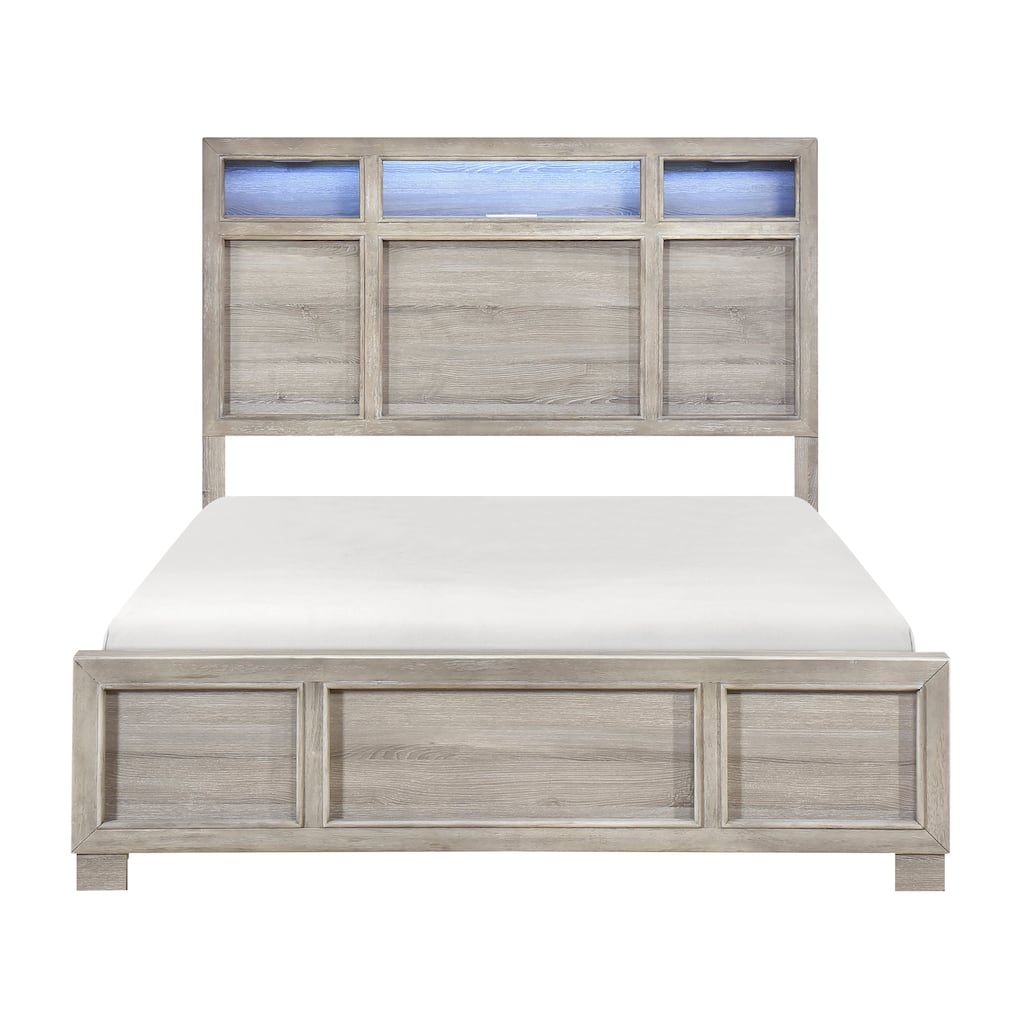 Gray Finish Bed 1pc Storage Headboard LED Light USB Ports