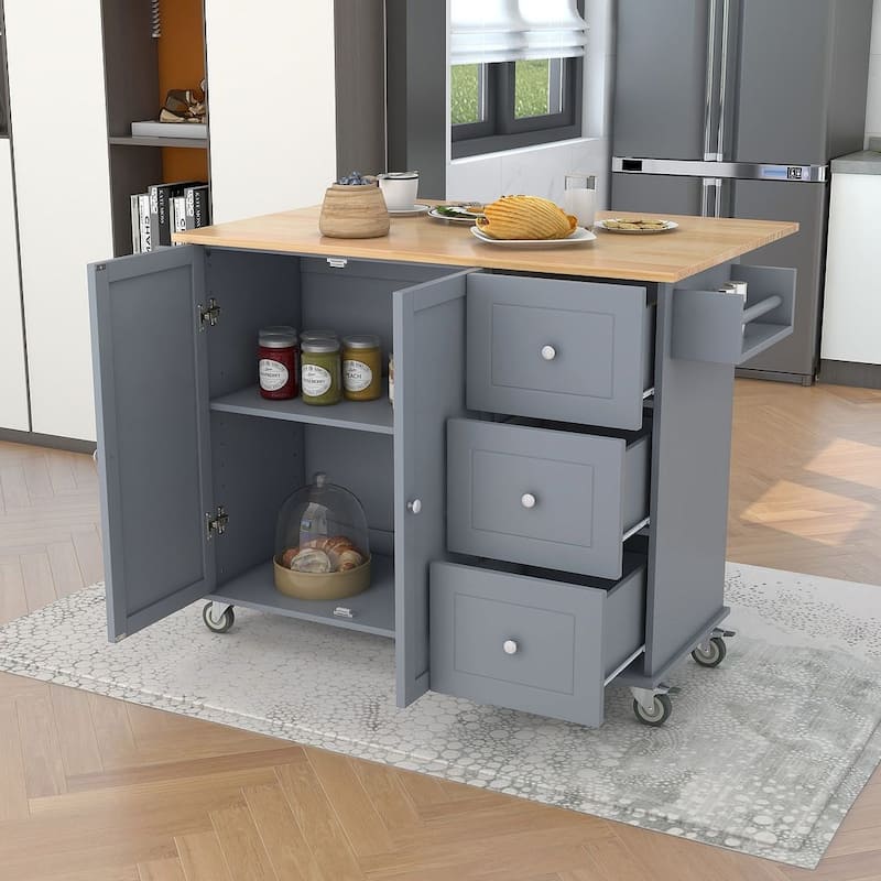 52.7 "W Folding Multifunctional Lockable Wheel Kitchen Cart with 2 Doors and 3 Drawers