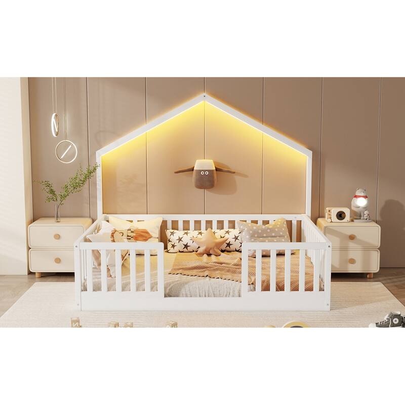 Roomfitters Twin/Full Floor Platform Bed, House Frame and LED Light with Wooden High Rails for Bedrooms or Guest Rooms
