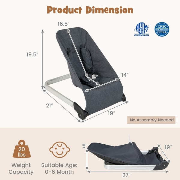 dimension image slide 0 of 3, Baby Bouncer Seat with Aluminum and Metal Frame - 21”L x 19”W x 19.5”H