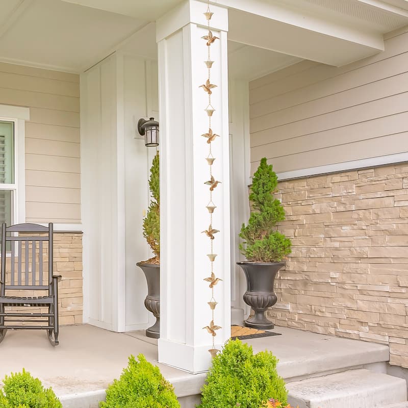 Glitzhome 8.5ft Faux Copper Gold Hummingbirds & Cups Rain Chain with V-Shaped Gutter Clip