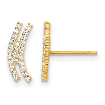 Curata 14k Gold Polished Curved Bar CZ Cubic Zirconia Post Earrings - 12x5.3mm Wide