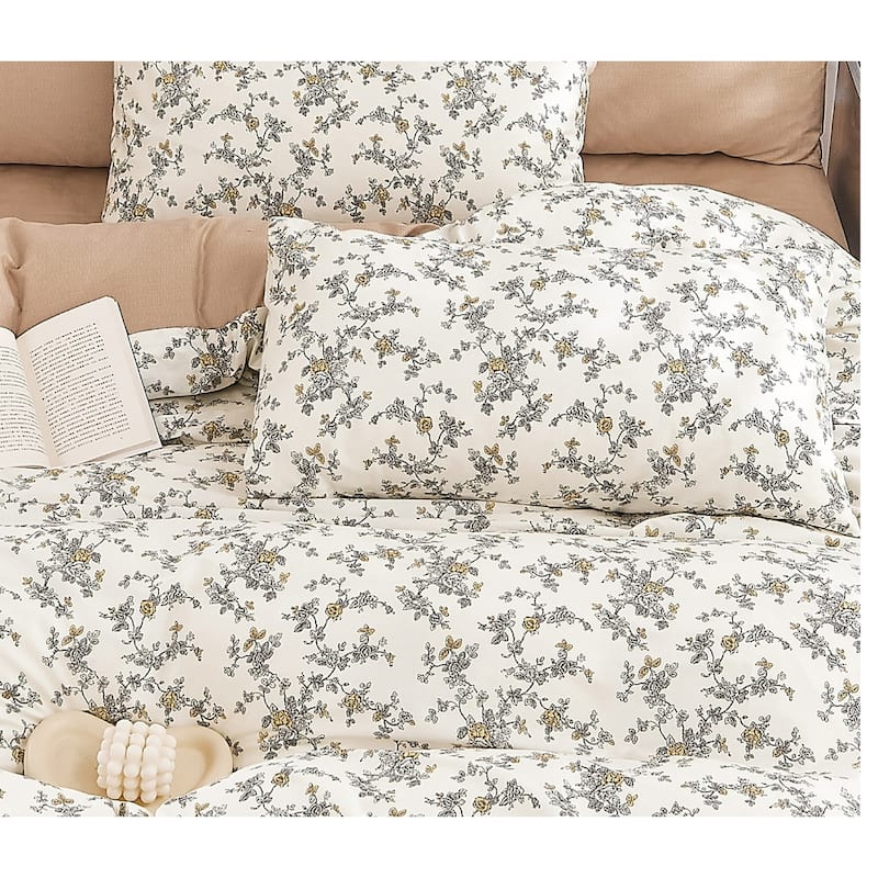 Demi Gray White Floral 100% Cotton Reversible Comforter Set