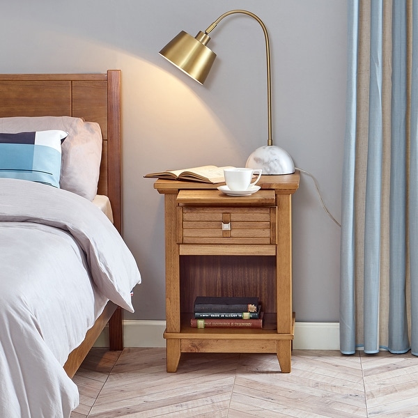 MUSEHOMEINC Rustic Wood Nightstand End Table with Drawer and Pull Out Tray End Table for Bedroom Open Cabinet Storage White