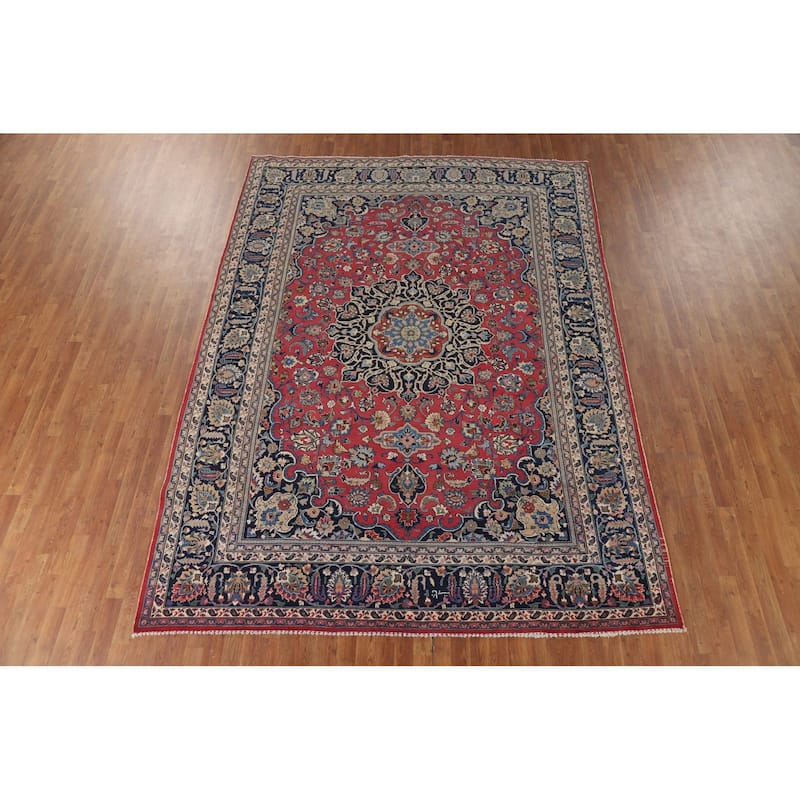 Signed Mashad Vintage Persian Area Rug Handmade Wool Carpet - 8'3" x 11'3"