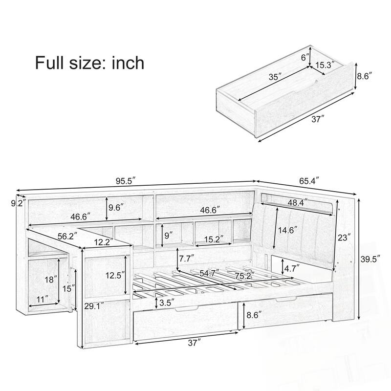 L-shaped Wooden Daybed with Desk and Storage Bookcase with Upholstered Headboard