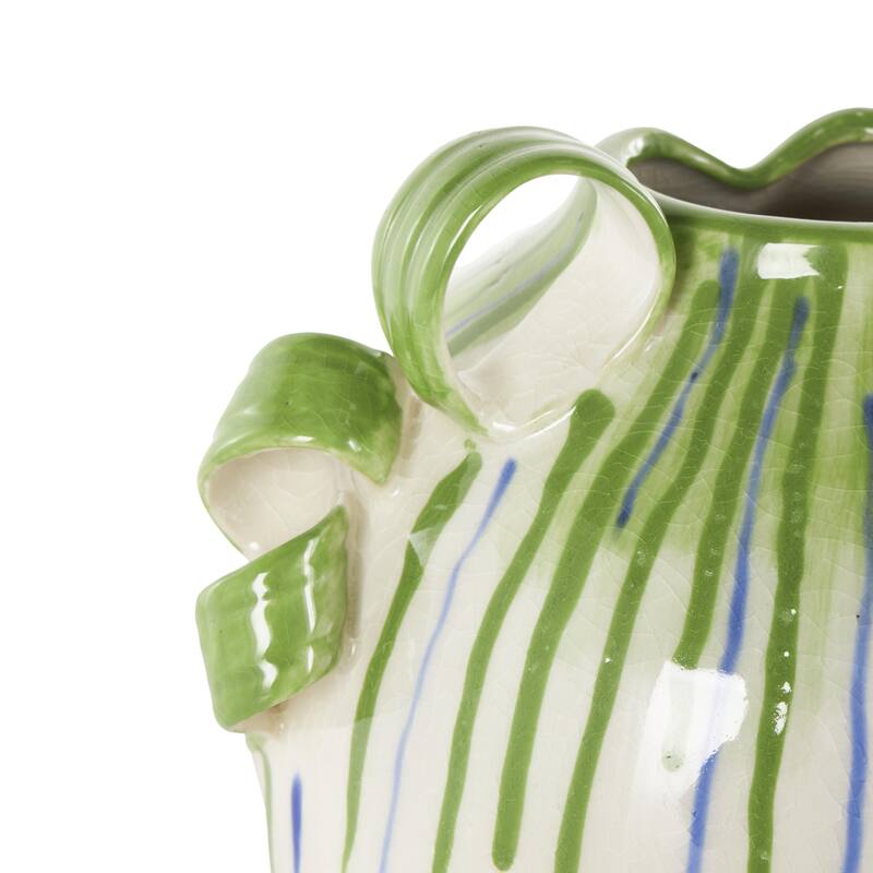 White Ceramic Abstract Decorative Vase with Green and Blue Drip Design and Handle