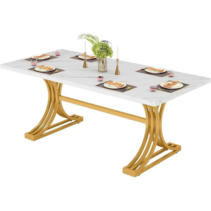 63-Inch Large Rectangular Dining Table, Modern Faux Marble Kitchen Table for Dining Room