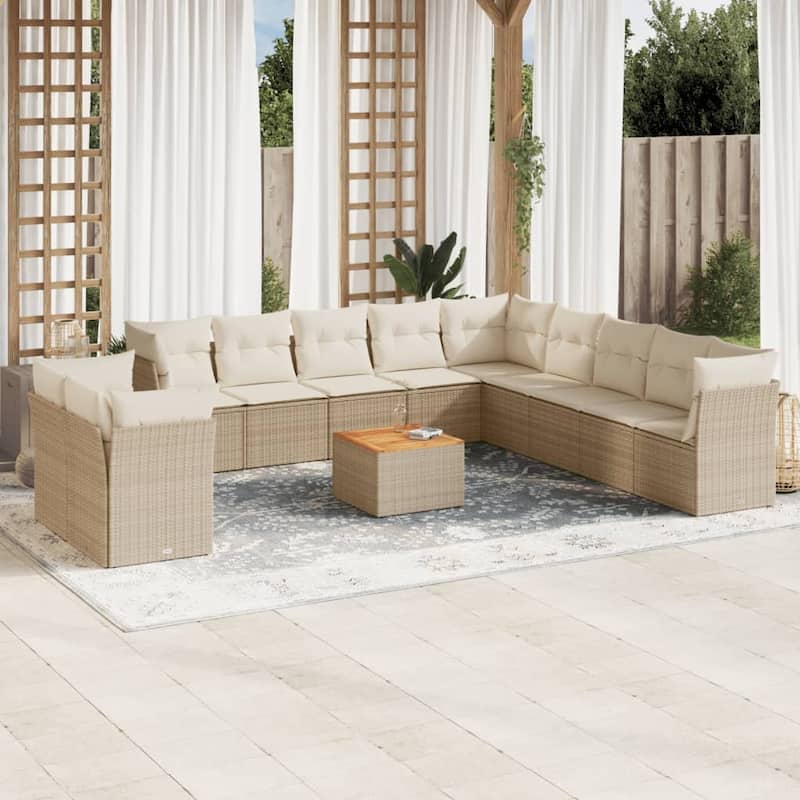 vidaXL Patio Sofa Set with Cushions Outdoor Furniture 12 Piece Poly Rattan - 24.4 x 24.4 x 27.2 - Beige and Cream