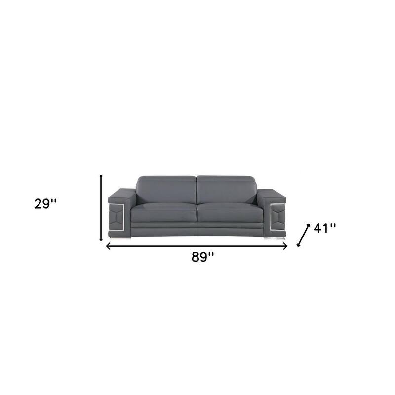 HomeRoots 89" Gray Leather Sofa With Silver Legs