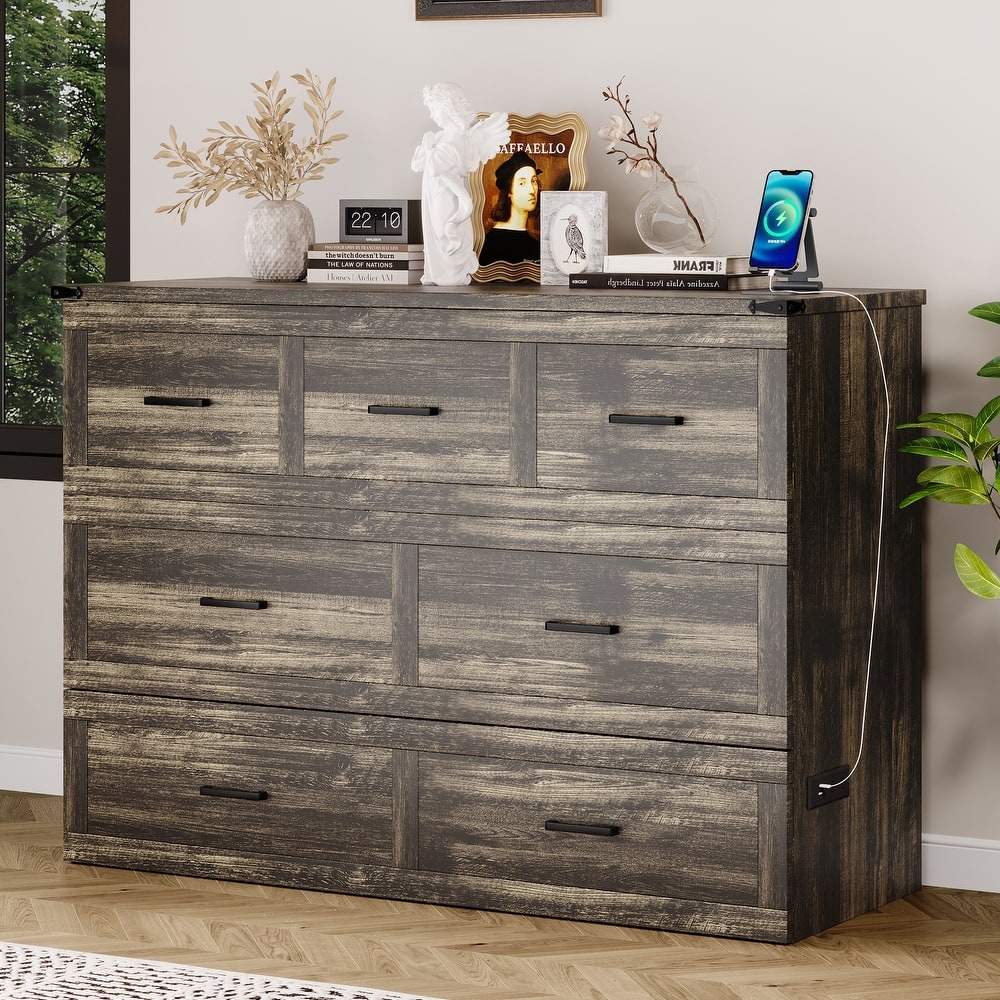 Wooden Murphy Bed Chest with Large Storage Drawer and Charging Station, Foldable Platform Bed Cabinet