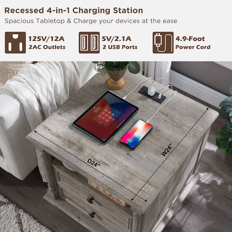 Farmhouse End Table, Sofa Side Table with Charging Station, Nightstand
