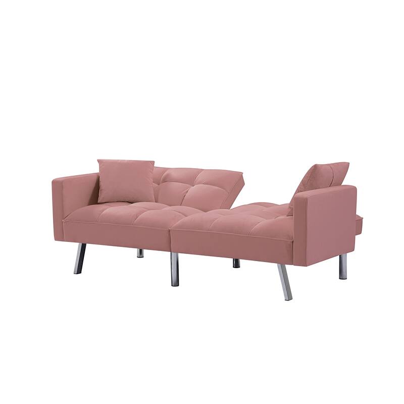 Velvet Futon Sofa Bed with Two Pillows, Convertible Sleeper Sofa Couch with 3 Angle Adjustable Backrest, Modern Loveseat