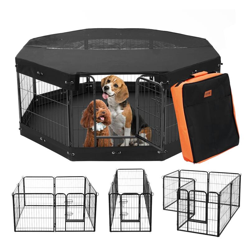 Dog Playpen, 8 Pcs 24 x 24 in Panels Foldable Metal Pet Exercise Pen, Dog Fence Indoor and Outdoor Pen with Door - with Top Cover