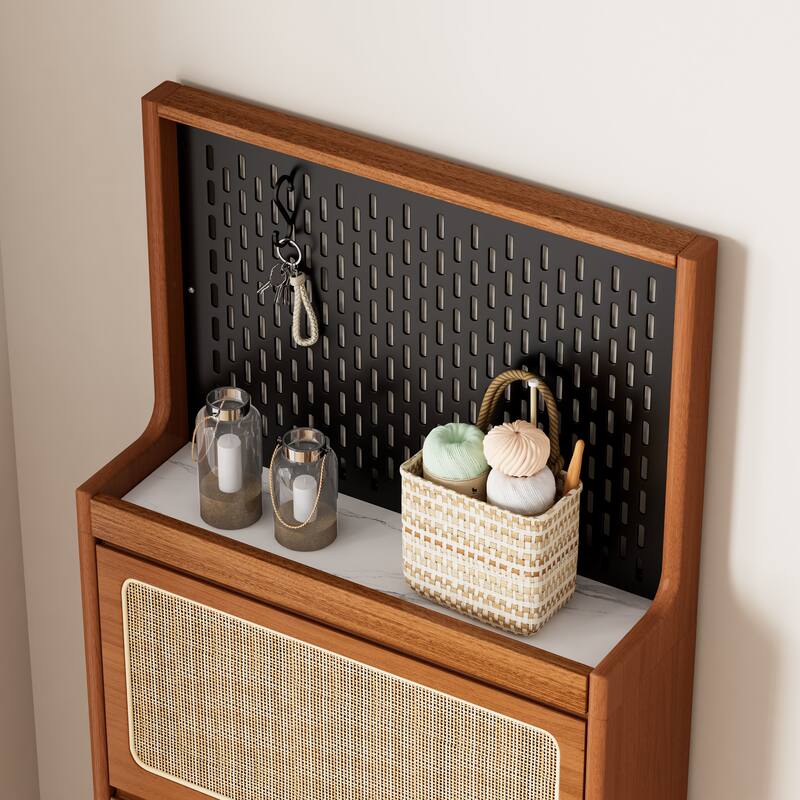 Modern Free Standing Rattan Shoe Cabinet with Flip Drawers and Pegboard Storage, Stylish Shoe Rack for Entryway and Hallway