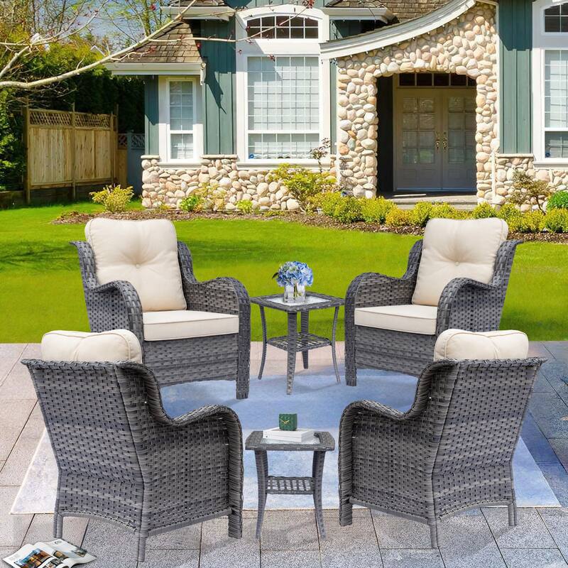 6 Piece Outdoor Wicker Rattan Patio Conversation Furniture Chairs Sets - Beige-Gray Rattan
