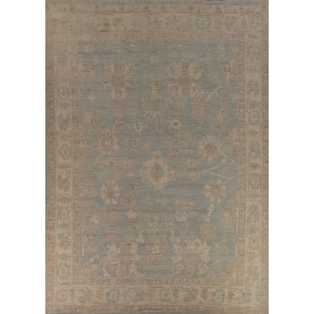 Vegetable Dye Oushak Turkish Large Area Rug Handmade Blue Wool Carpet - 12'3"x 14'6"