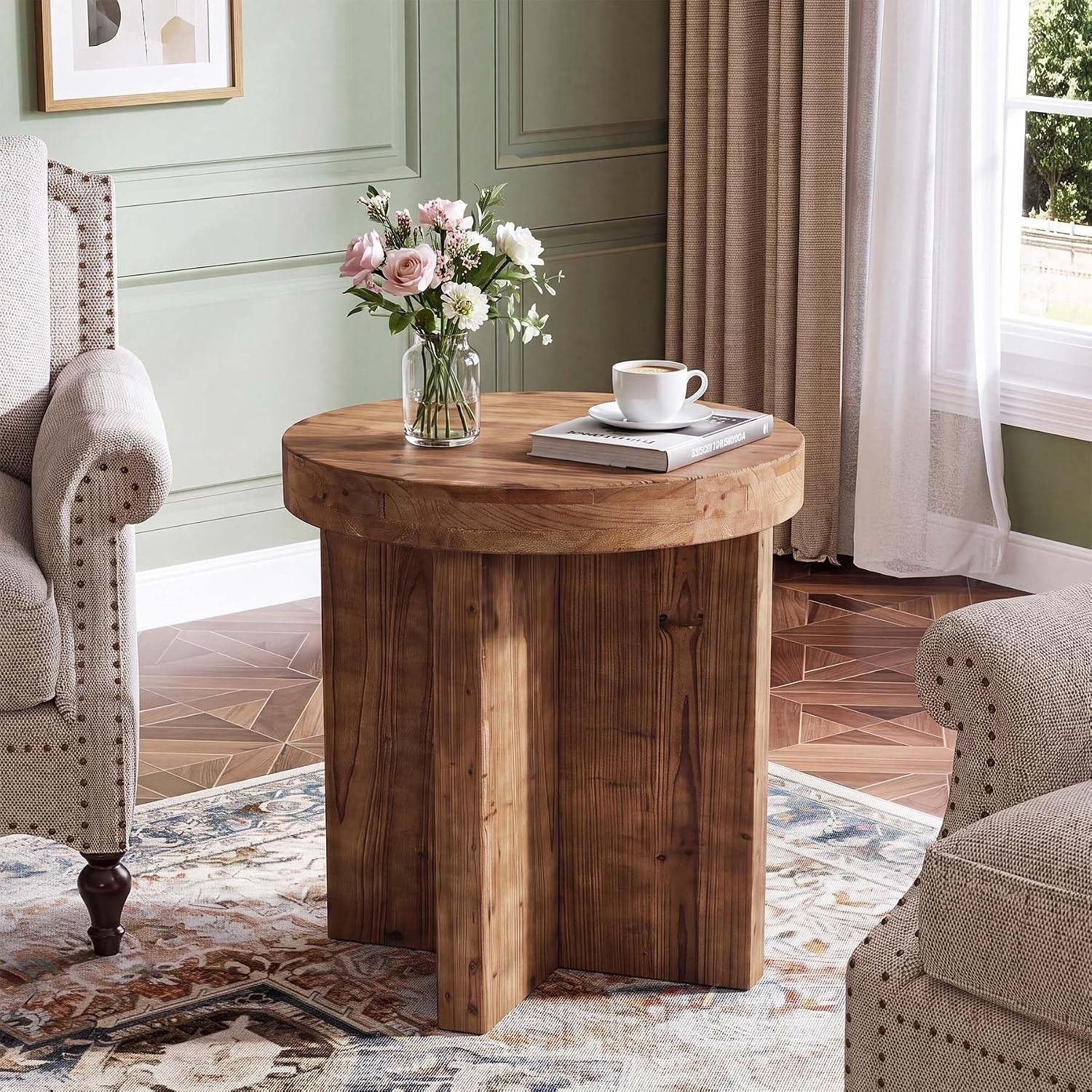 19.7-Inch Solid Wood End Table, Round Farmhouse Side Table