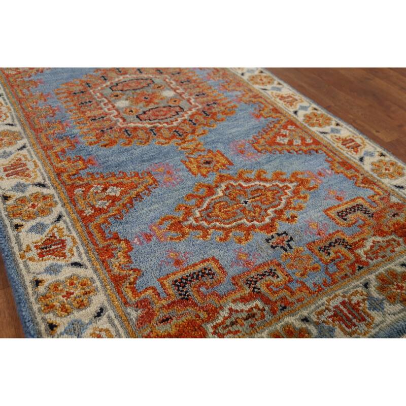 Blue Geometric Khotan Indian Runner Rug Hand-Knotted Wool Carpet - 2'8"x 7'10"