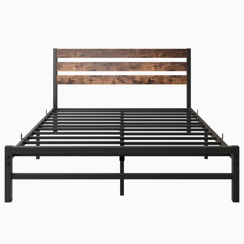 Industrial Vintage Bed Frame for Twin/Full/Queen Mattress, Strong Metal Slats, Wood Headboard, and Under-Bed Storage