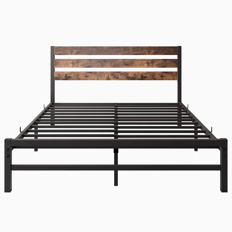 Modern Platform Bed Frame with Rustic Vintage Wood Headboard,No Box Spring Needed