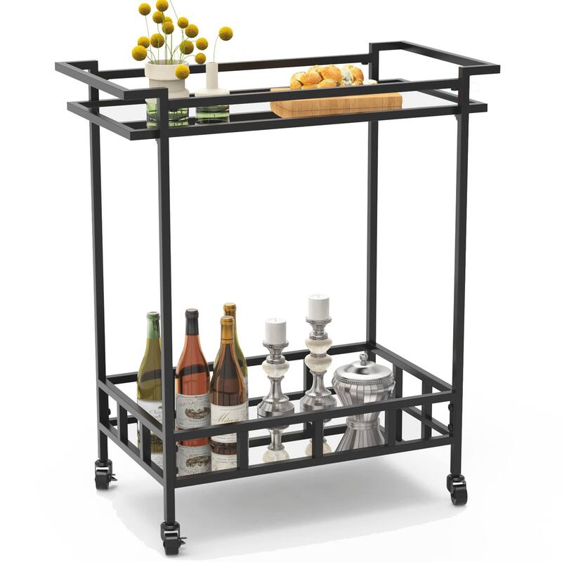 Vintage Bar Cart Black Serving Bar Cart with Wheels, Rolling Wine Bar Cart with 2 Shelves, Metal