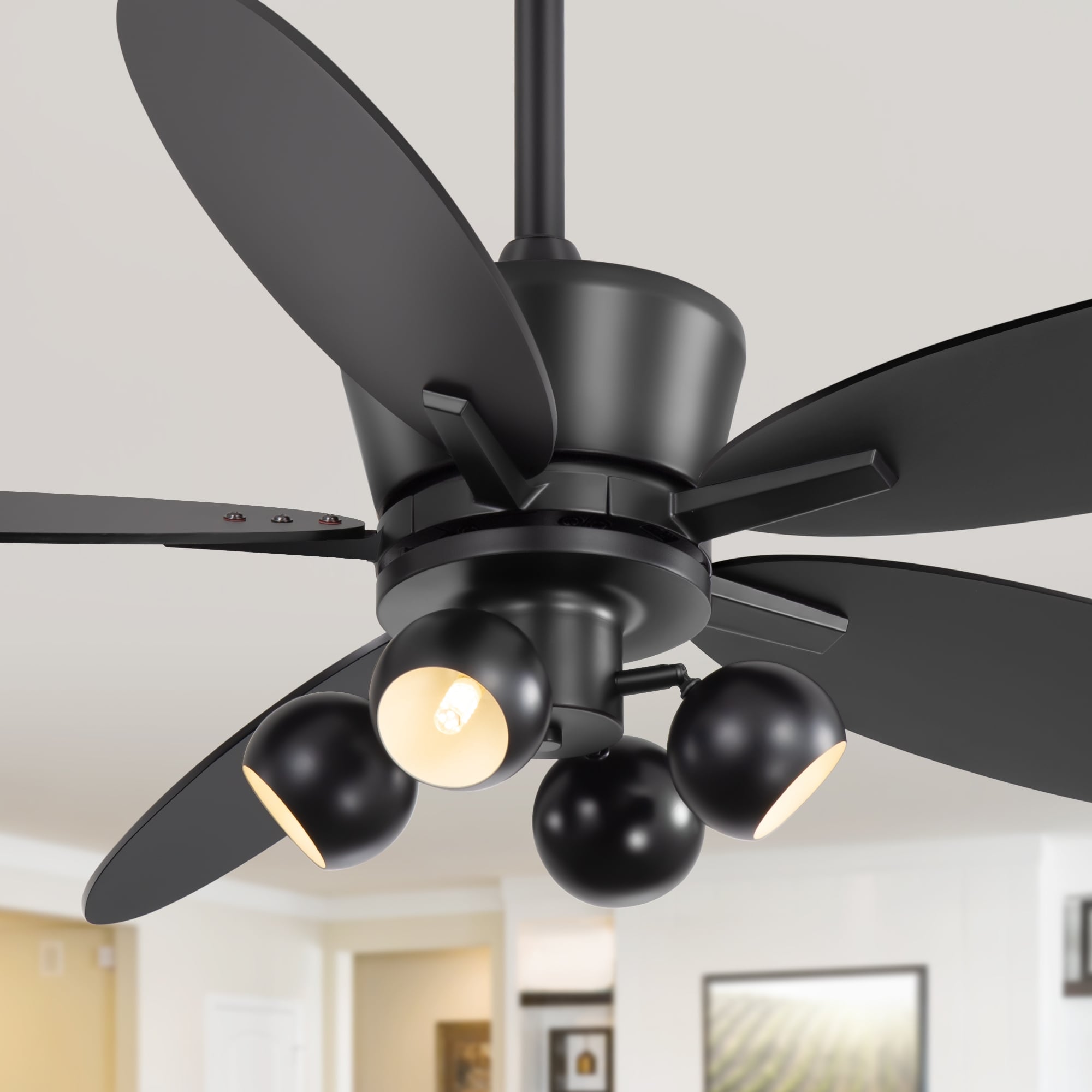 52-Inch 5-Blade Ceiling Fan with Light and Remote, Reversible Quiet DC Motor, 6 Speeds,4 G9 Bulbs Included, Black