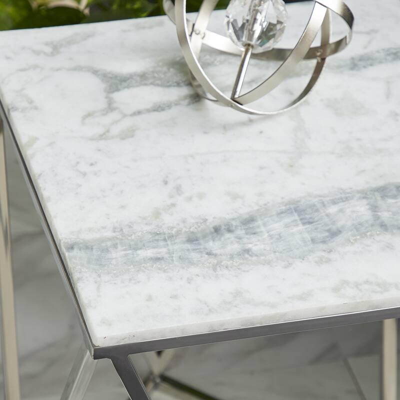 Silver Stainless Steel Accent Table with Marble Top - 18 x 18 x 21