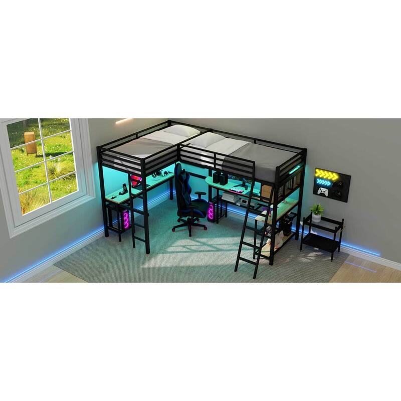 Roomfitters Metal Twin L-Shaped Loft Bed with 2 Desks, LED Lights and Charging Station, Black