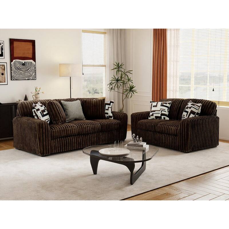 Roundhill Furniture Solenne 2-Piece Living Room Set, Oversized Sofa and Loveseat with Jumbo Corduroy Upholstery