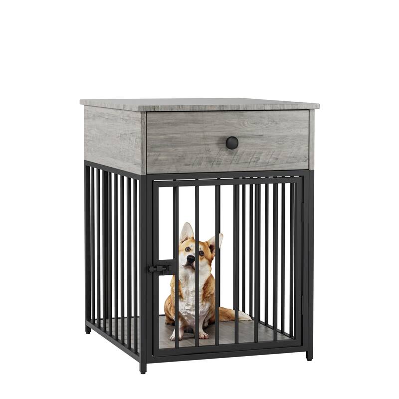 Dog Crate Furniture, Dog House, Decorative Dog Kennel with Drawer, Indoor Pet Crate End Table for Small Dog, Iron-Tube Dog Cage