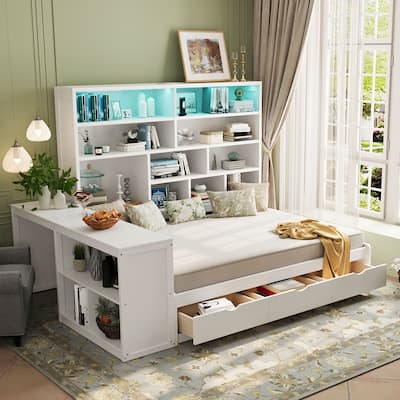 Modern Full Size Wooden Daybed with Built-In Desk, 3 Storage Drawers & Open Compartment Shelving by Harper&Bright Designs
