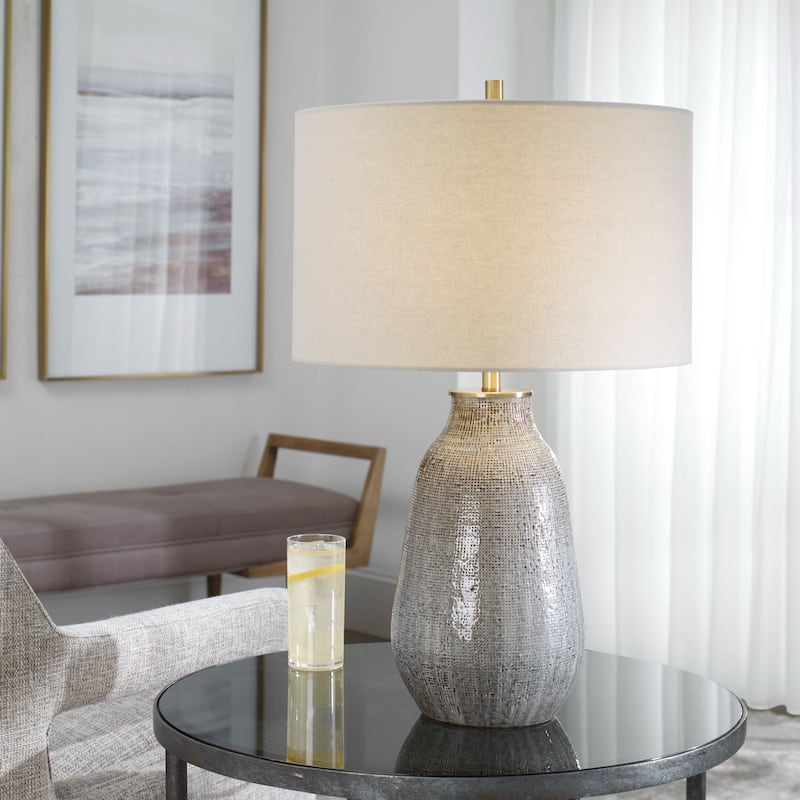 Handcrafted Ceramic Table Lamp with White Drum Shade - 25.5" - Gray and Brown