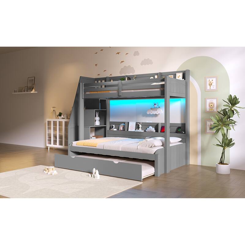 Roomfitters Twin Over Full Bunk Bed with Storage Staircase, Trundle, LED and USB