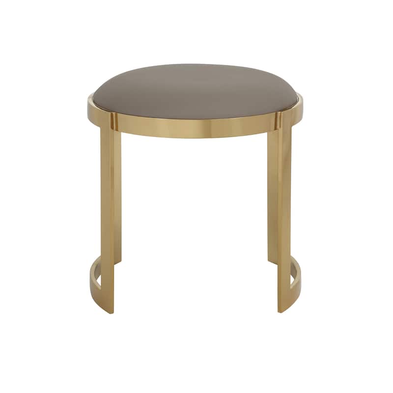 Niyo 19 Inch Ottoman Stool, Round Sand Faux Leather, Stainless Steel, Gold