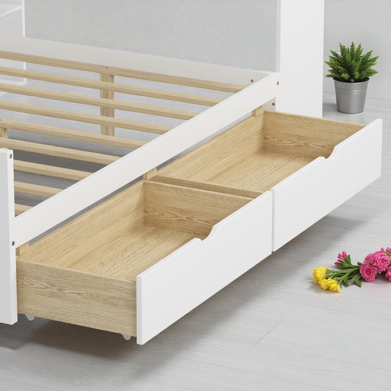 Wooden L-Shaped Daybed with Study Desk, Bookshelf, 7 Storage Cabinets and 2 Drawers, Multi-Functional Space-Saving Bed